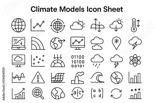 Climate Models Icon Sheet: A comprehensive set of climate models, each meticulously crafted to represent diverse aspects of Earth's atmosphere, weather, and environmental systems.