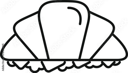 Simple line drawing of a croissant, freshly baked and sitting on some crumbs, perfect for representing french breakfast