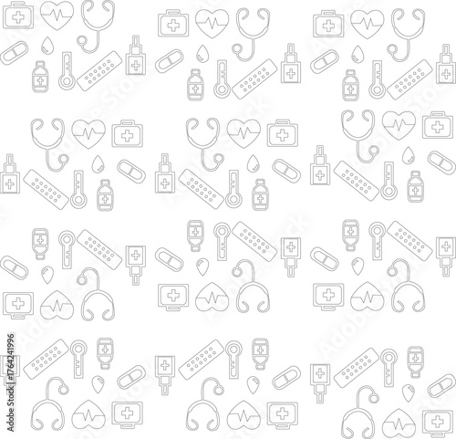 Medical Healthcare Doodle Pattern with Stethoscope and First Aid Kit.