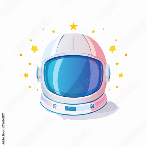 Astronaut helmet illustration with blue visor and stars.