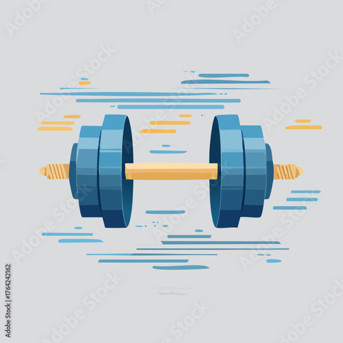 Blue and yellow dumbbell on a light gray background with abstract lines, representing fitness and strength training.