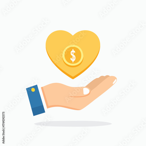 Hand holding a golden heart with a dollar sign, charity concept.