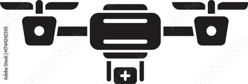 Black silhouette of a drone carrying a first aid kit, representing fast medical delivery in emergencies