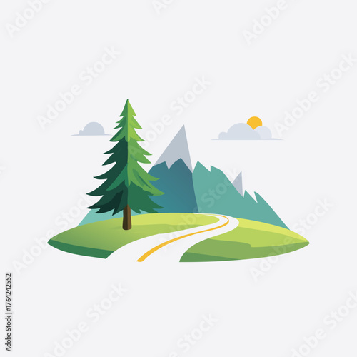 Scenic Mountain Road with Pine Tree and Sun.