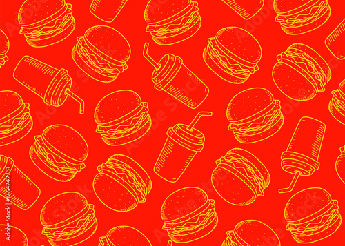 Seamless burgers and soft drinks hand-drawn sketch pattern in red background. Ideal for fast food-themed designs, restaurant branding, packaging, or promotional materials