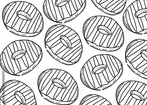 Seamless hand-drawn pattern of donuts with striped toppings, in black and white doodle style. Perfect for backgrounds, food packaging, bakery branding, and sweet-themed design projects