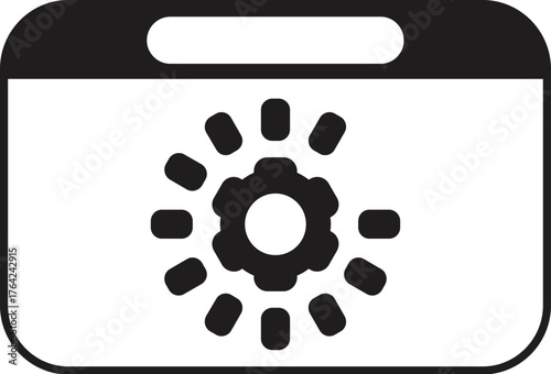 Black and white vector illustration of a phone screen with a rotating gear, symbolizing loading, processing, or system update