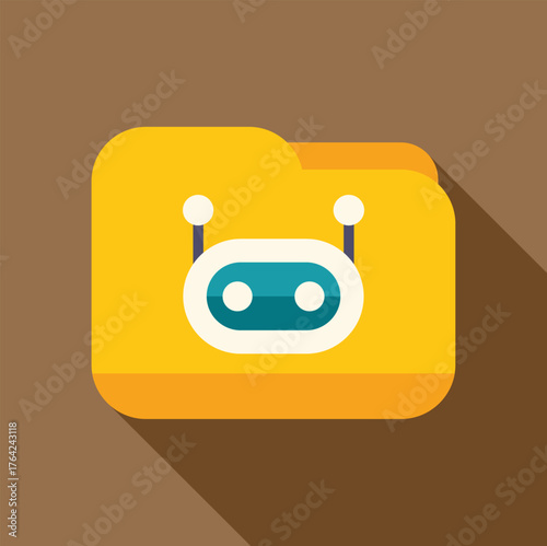Modern flat design icon of a yellow folder with an ai robot face, symbolizing smart data management
