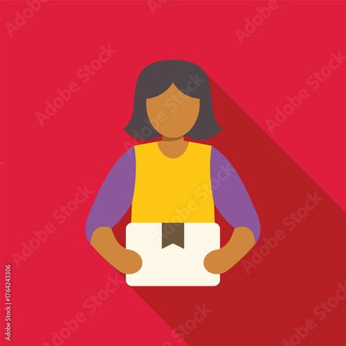 Delivery woman holding package, shipping and business icon in flat design and long shadow