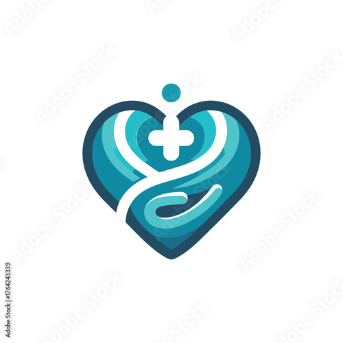 Blue heart logo representing healthcare, with a supportive hand and a medical cross.