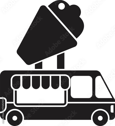 Black and white vector icon of a food truck selling shawarma or kebab, perfect for representing street food and mobile businesses