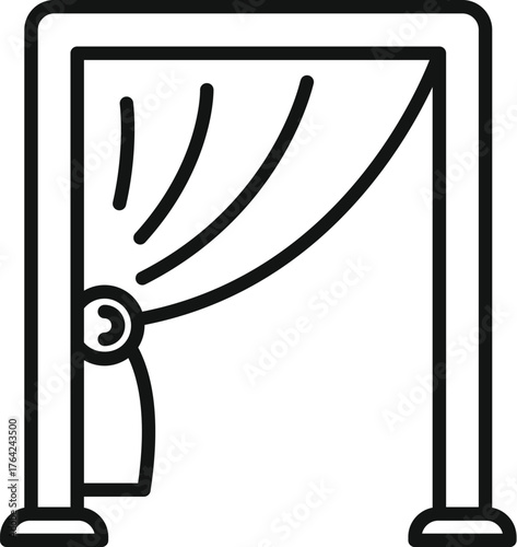 Elegant wedding arch with curtain and tieback decorated with flower, line art icon representing wedding decoration