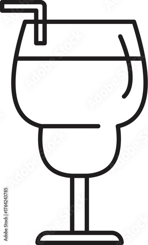 Hurricane glass cocktail with straw, simple black and white line art icon representing a refreshing tropical drink