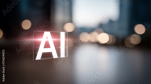 Innovative AI technology theme with glowing letters representing artificial intelligence in a modern urban setting.