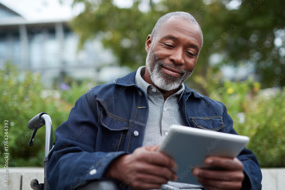 Fototapeta premium A man in a wheelchair is smiling as he looks at a tablet