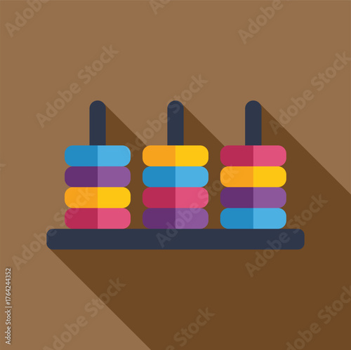 Flat design illustration of abacus toy with colorful rings, creating long shadow on brown background