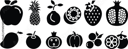 Food fruits glyph icon set. Vector pictograms of banana, strawberry, pineapple, watermelon, grapes, mango, blueberries, peach, cherry, lemon, avocado, pear, kiwi, black sign silhouette illustration. 
