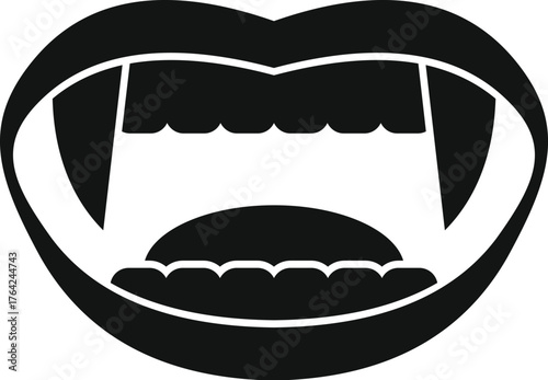 Open mouth with prominent fangs and visible tongue, representing a vampire, in a simple black and white style