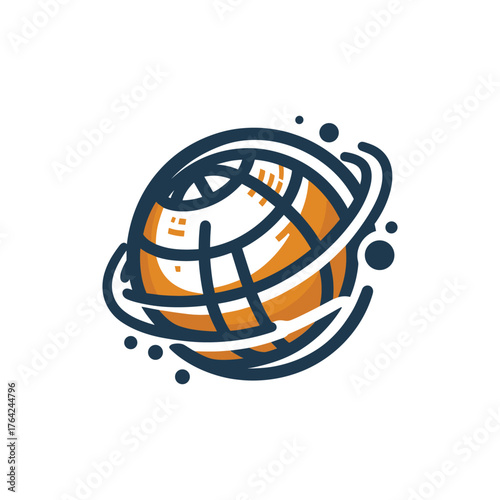 Globe with orbiting lines and dots, in orange and dark blue.