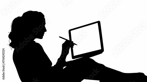 Silhouette of a woman using a tablet with a stylus while sitting in a relaxed position on white background