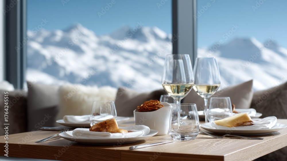 custom made wallpaper toronto digitalA cozy table fills with delicious cheese fondue, accompanied by fresh bread and wine glasses. A stunning snowy mountain landscape captivates nearby diners, creating a perfect winter retreat