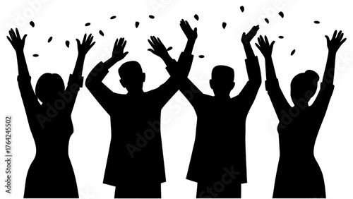 Silhouette of four people celebrating with their arms raised under falling confetti or small objects