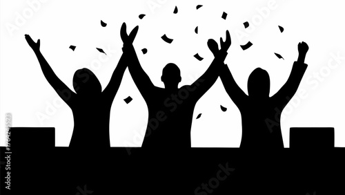 Silhouette of three people celebrating with arms raised under falling confetti in black and white style art