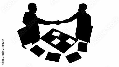 Silhouette of two business people shaking hands over a table with documents and chairs around it