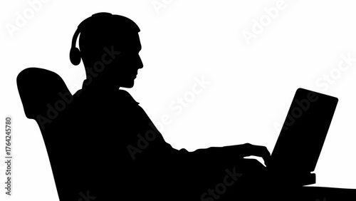 Silhouette of person wearing headphones sitting in chair using a laptop against a white background image
