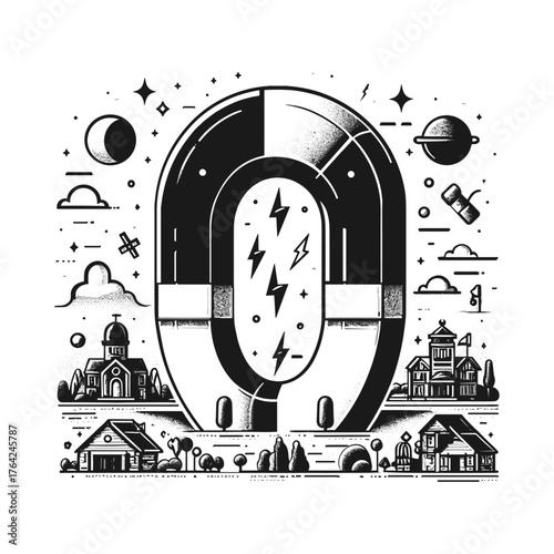 Large horseshoe magnet attracts a town and celestial bodies in a black and white line art illustration.