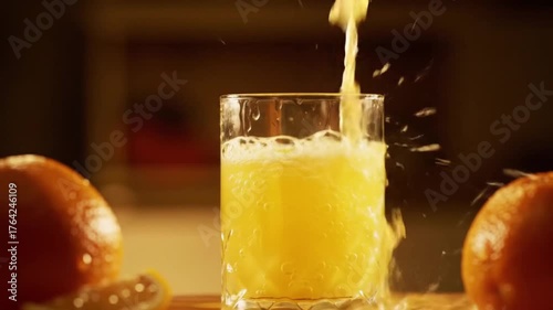 Refreshing orange juice pouring in glass with vibrant splash, creating a dynamic and healthy breakfast scene, perfect for promoting wellness