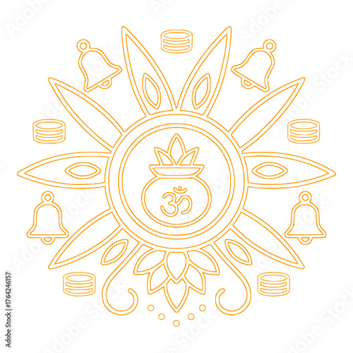 Elegant Fusion Rangoli Black Gold Bells Line Vector