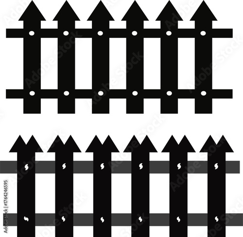 Black silhouette of two picket fences on white background