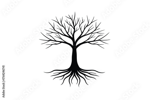 Minimalist pencil sketch of a lone tree silhouette with intricate spreading roots