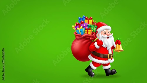 Animated cartoon Santa Claus walking with a sack of gifts. Cheerful character ringing a bell on a green screen background. Christmas holiday celebration concept with copy space