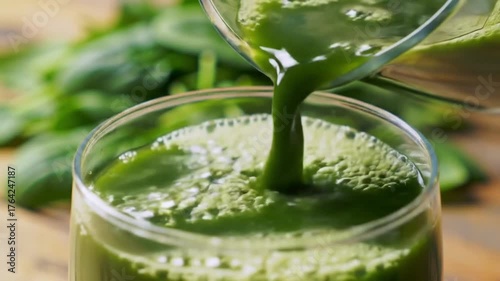Invigorating green smoothie being poured, a vibrant boost for wellness campaigns and healthy lifestyle promotions, perfect for fitness and nutrition videos
