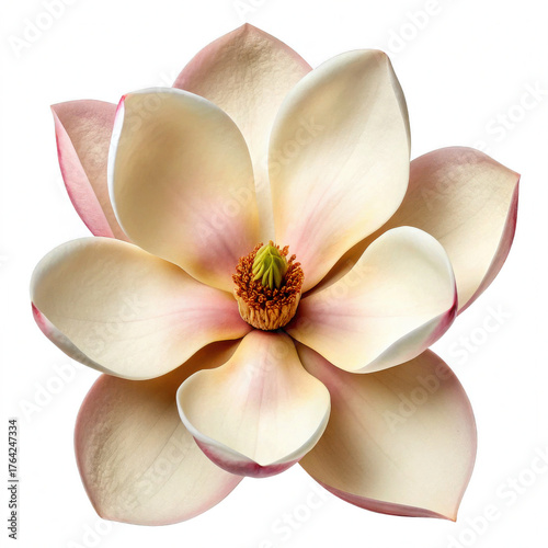 Edible flower clipart. A delicate magnolia flower with soft, creamy petals and a hint of pink at the edges.