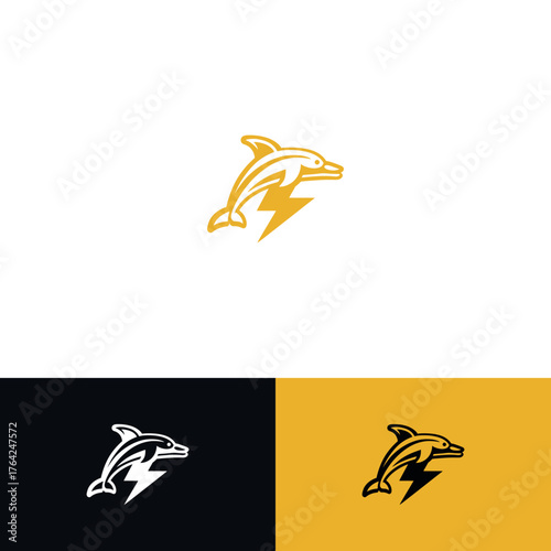 Stylized dolphin leaps over a lightning bolt, in three color variations