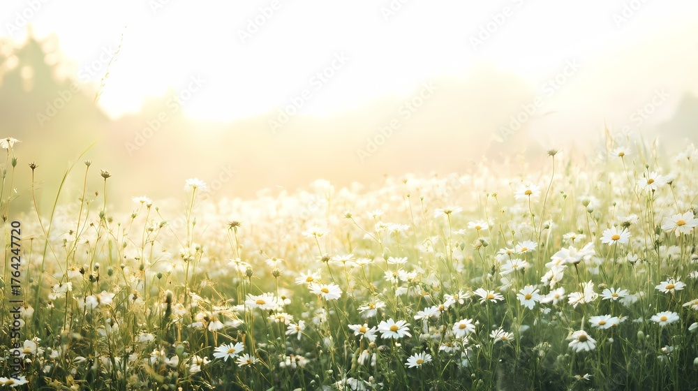 Fototapeta premium Serene field of daisies basking in golden sunlight with soft background hills and a peaceful ambiance