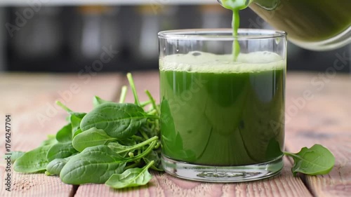 Pouring green juice into glass, spinach leaves beside, for a healthy lifestyle, wellness drink with fresh ingredients, vibrant and nutritious beverage