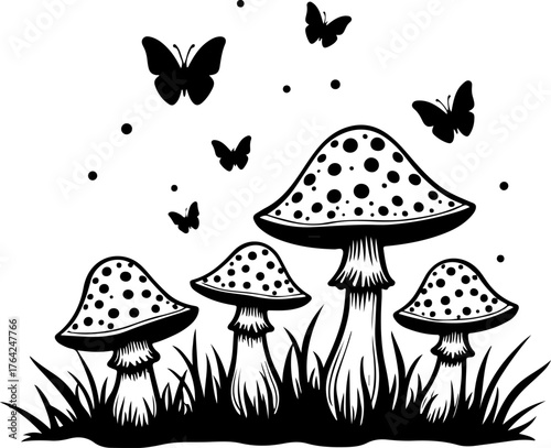 Magical Mushroom Forest with Butterflies Silhouette