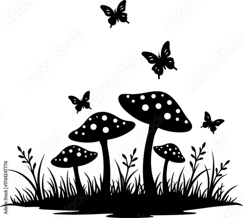 Magical Mushroom Forest with Butterflies Silhouette