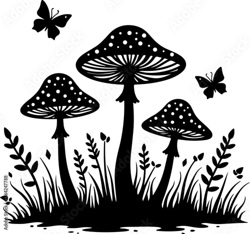 Magical Mushroom Forest with Butterflies Silhouette