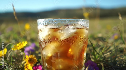 Iced tea on a warm day in a field of wildflowers, refreshing drink for summer picnic, perfect for a relaxing outdoor lifestyle enjoying nature