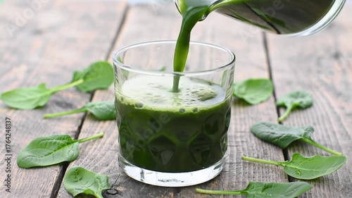 Pouring vibrant green smoothie into glass offers healthy lifestyle concept, promoting wellness and nutrition with fresh spinach leaves on rustic wood