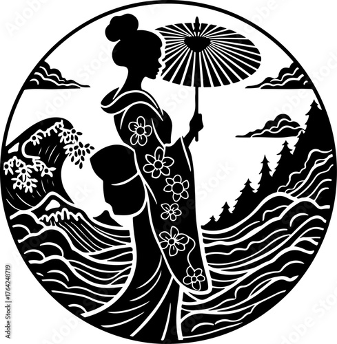 Elegant Japanese Geisha Silhouette with Umbrella — Traditional Kimono and Mountain Wave Background