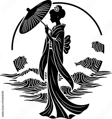 Elegant Japanese Geisha Silhouette with Umbrella — Traditional Kimono and Mountain Wave Background