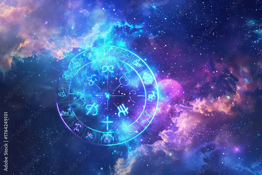 Fototapeta premium Abstract composition with zodiac circle in signs and symbols