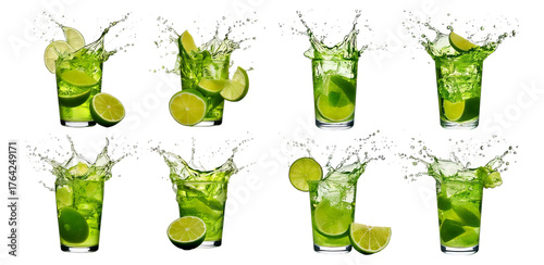 Refreshing Green Cocktails with Fresh Lime Splashing in Glasses, Isolated on Transparent, white background