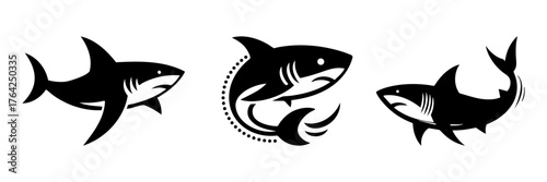 Aggressive Shark Silhouette Collection in Different Poses for Ocean Wildlife Design